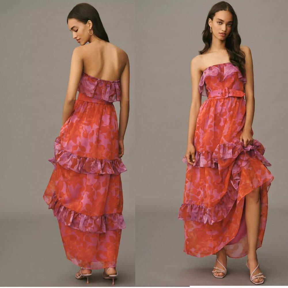 Anthropologie Strapless Ruffled Maxi Dress in Coral Pink and Orange